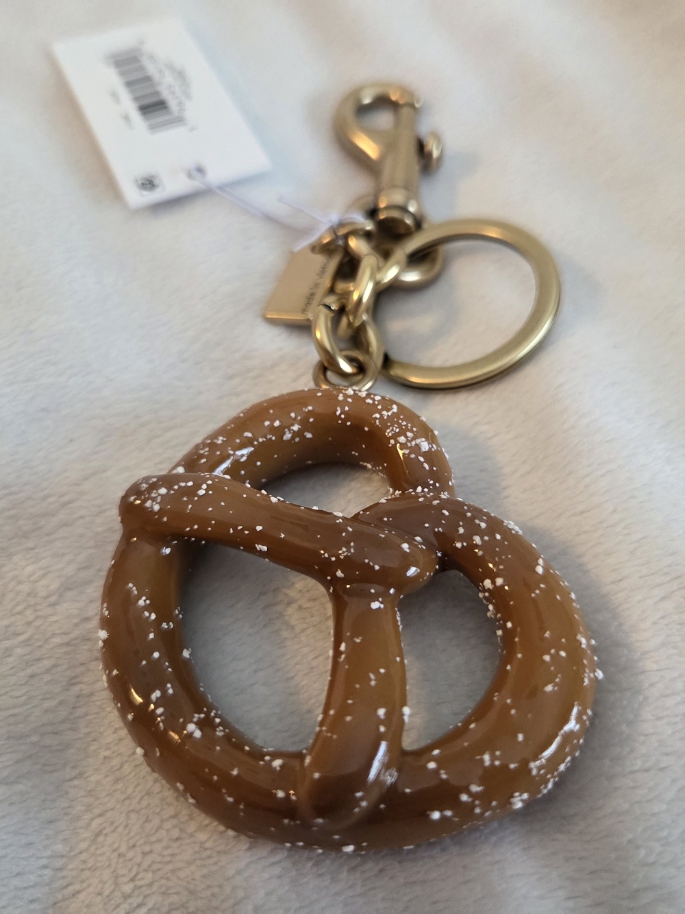 Designer Pretzel Keychain Charm - Gold Hardware, Tan Pretzel